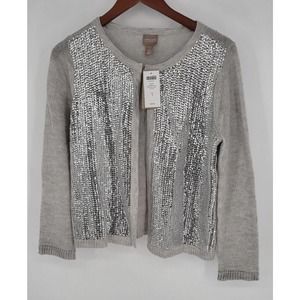 Chico's Gray Silver Sequence Cardigan Acrylic Wool Blend Vanity Size 1, M New